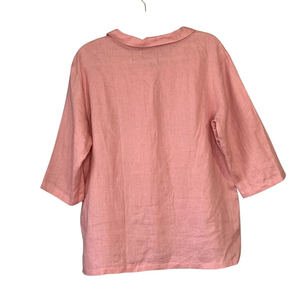 Lintico Pink European Linen Peter Pan collar split-vneck 3/4‎ sleeves. Size M - Picture 2 of 10